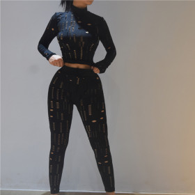 2021 autumn women's new sexy hollow hole high waist tight trousers casual sports suit women K21S05493