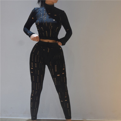 2021 autumn women's new sexy hollow hole high waist tight trousers casual sports suit women K21S05493
