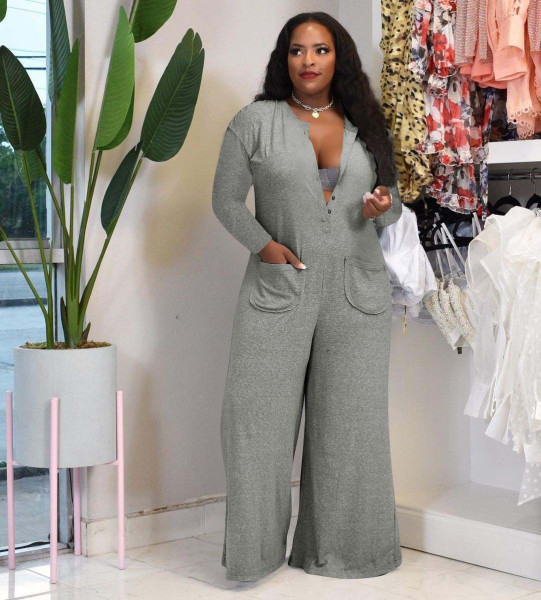 Home Casual Fashion Solid Color Wide Leg Loose Jumpsuit Long Sleeve MN88826
