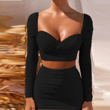 2021 autumn and winter long-sleeved hip skirt sexy low-cut pleated fleece two-piece suit women ZY1512