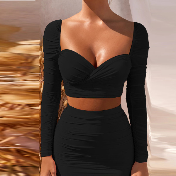 2021 autumn and winter long-sleeved hip skirt sexy low-cut pleated fleece two-piece suit women ZY1512