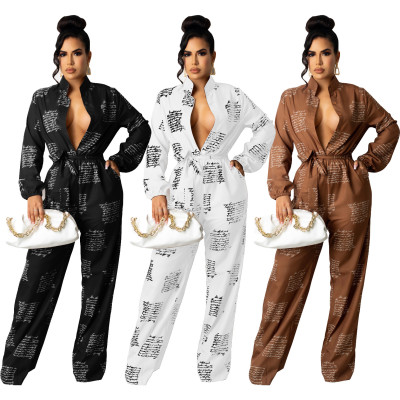 Casual fashion loose shirt long-sleeved jumpsuit with belt D9802