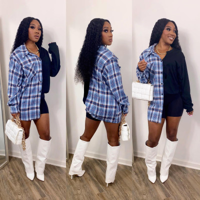 Women's Fashion Casual Plaid Printed Splicing Personalized Neckline Waist Wide Loose Long Sleeve Shirt SM9215