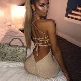 Sling dress women 2021 spring and autumn new European and American bright silk women's sexy backless lace-up slit temperament long skirt FD8512