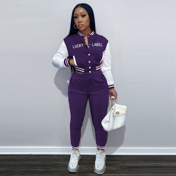 Women's solid color stitching threaded letter printing pocket baseball uniform long sports two-piece suit SM9213