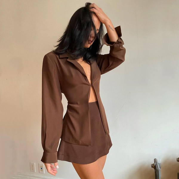 New solid color suit sexy OL light mature hot girl cardigan buttoned top high waist skirt FD9098