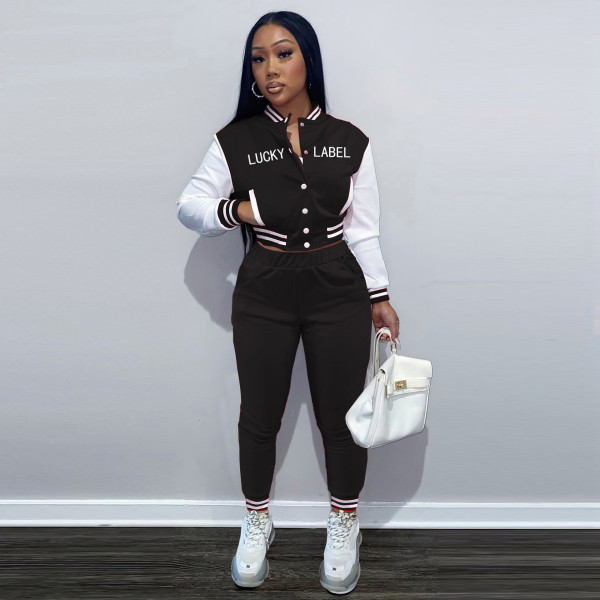 Women's solid color stitching threaded letter printing pocket baseball uniform long sports two-piece suit SM9213