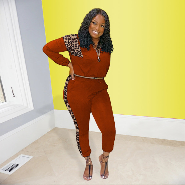 Leopard print stitching sports and leisure two-piece suit MN88820