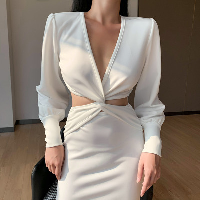 Autumn new style long-sleeved slim dress sexy X-shaped V-neck puff sleeve suit skirt 27114P