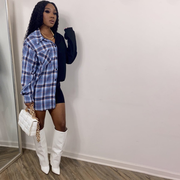 Women's Fashion Casual Plaid Printed Splicing Personalized Neckline Waist Wide Loose Long Sleeve Shirt SM9215