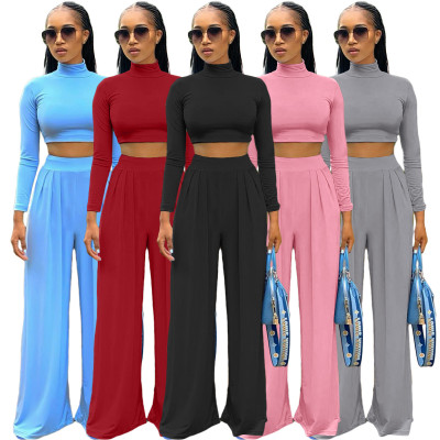 Women's high-neck solid color casual wide-leg pants long-sleeved 5-color suit ALS268