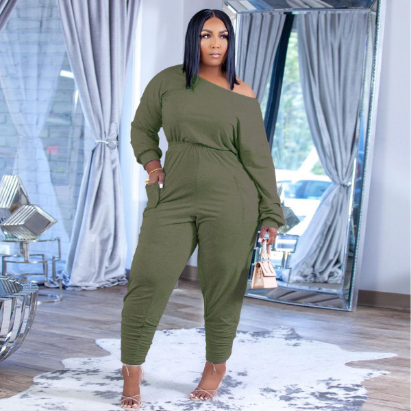 Plus size women's fashion casual suit solid color cotton oblique shoulder autumn and winter new two-piece suit H1743