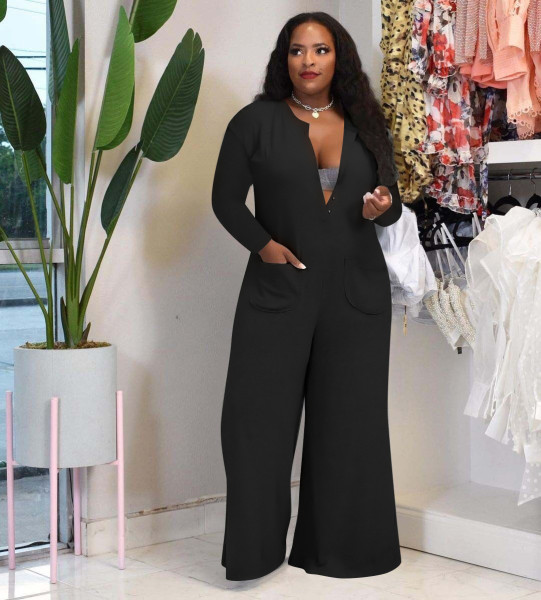 Home Casual Fashion Solid Color Wide Leg Loose Jumpsuit Long Sleeve MN88826