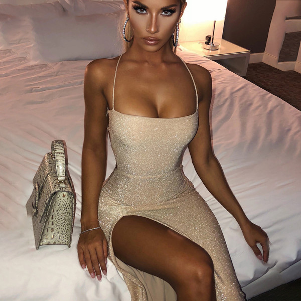 Sling dress women 2021 spring and autumn new European and American bright silk women's sexy backless lace-up slit temperament long skirt FD8512