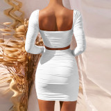 2021 autumn and winter long-sleeved hip skirt sexy low-cut pleated fleece two-piece suit women ZY1512