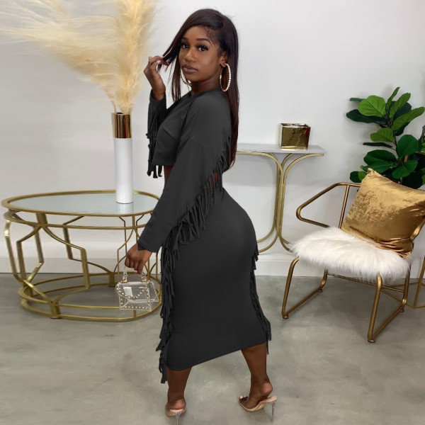Plus size women's clothing solid color tassel fashion casual suit sexy skirt two-piece suit H1750