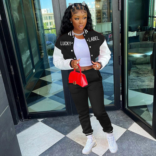 Women's solid color stitching threaded letter printing pocket baseball uniform long sports two-piece suit SM9213