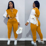 Color-blocking women's jacket suit single-breasted stitching long-sleeved baseball uniform two-piece women F176-1