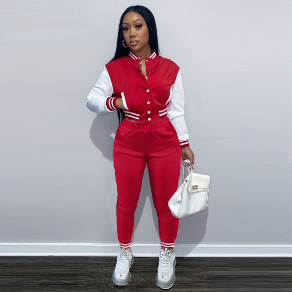Color-blocking women's jacket suit single-breasted stitching long-sleeved baseball uniform two-piece women F176-1
