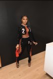 High-waisted pants printed sexy sweater fleece long-sleeved straight yoga temperament commuter sequined two-piece suit YF8991