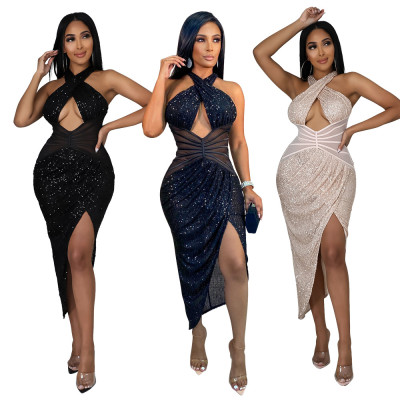 Sexy party sequin irregular temperament evening dress female halter dress CY9290