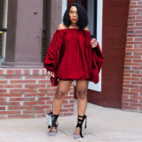 Large size solid color one-shoulder lantern dress women's clothing H1675