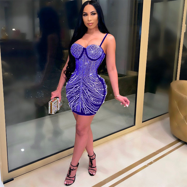 Sling sexy sleeveless bag hip A-line dress fashion nightclub style hot rhinestone bubble bead short skirt CY9149