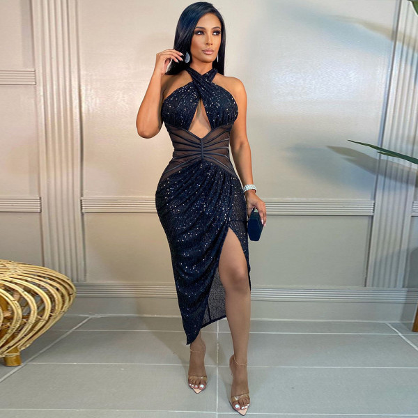 Sexy party sequin irregular temperament evening dress female halter dress CY9290