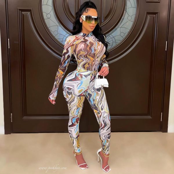 Explosive ink graffiti digital printing tight-fitting two-piece suit FFD1141