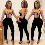 Fashion stitching contrast color women's sexy suspender trousers jumpsuit C5350