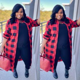 Fashion loose long red and black plaid cardigan jacket top VS10081