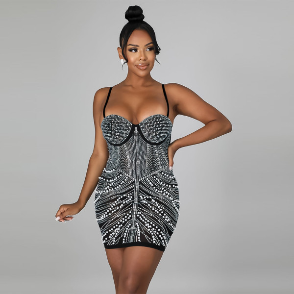 Sling sexy sleeveless bag hip A-line dress fashion nightclub style hot rhinestone bubble bead short skirt CY9149