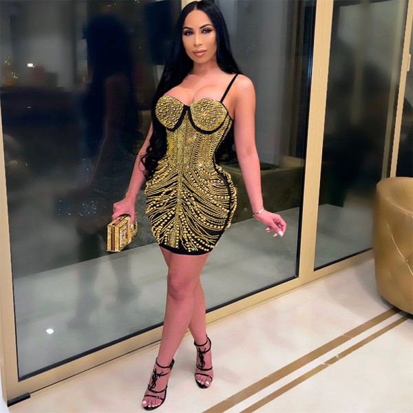 Sling sexy sleeveless bag hip A-line dress fashion nightclub style hot rhinestone bubble bead short skirt CY9149