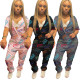 Women's fashion lapel letter printing zipper sexy open waist overalls MW8318