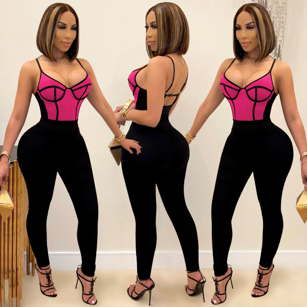Fashion stitching contrast color women's sexy suspender trousers jumpsuit C5350