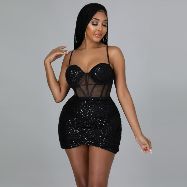 Fashion sexy strapless tube top halter sequin perspective dress CY9257