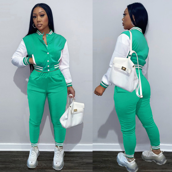 Color-blocking women's jacket suit single-breasted stitching long-sleeved baseball uniform two-piece women F176-1