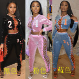 High-waisted pants printed sexy sweater fleece long-sleeved straight yoga temperament commuter sequined two-piece suit YF8991