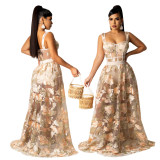 Sexy sling on the outside of the body with a transparent embroidered net skirt fashion two-piece female CY9037B