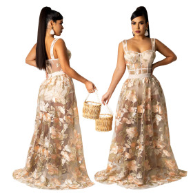 Sexy sling on the outside of the body with a transparent embroidered net skirt fashion two-piece female CY9037B
