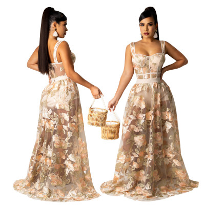 Sexy sling on the outside of the body with a transparent embroidered net skirt fashion two-piece female CY9037B
