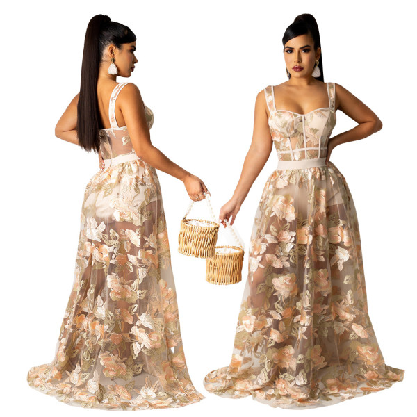 Sexy sling on the outside of the body with a transparent embroidered net skirt fashion two-piece female CY9037B
