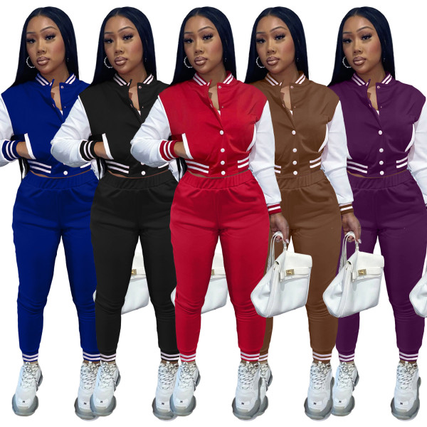 Color-blocking women's jacket suit single-breasted stitching long-sleeved baseball uniform two-piece women F176-1