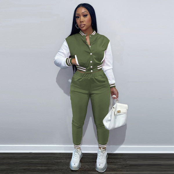 Color-blocking women's jacket suit single-breasted stitching long-sleeved baseball uniform two-piece women F176-1