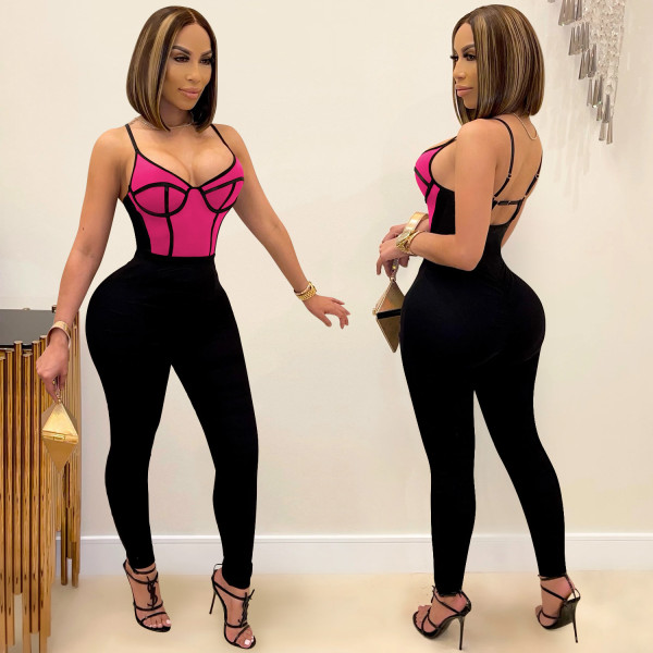 Fashion stitching contrast color women's sexy suspender trousers jumpsuit C5350