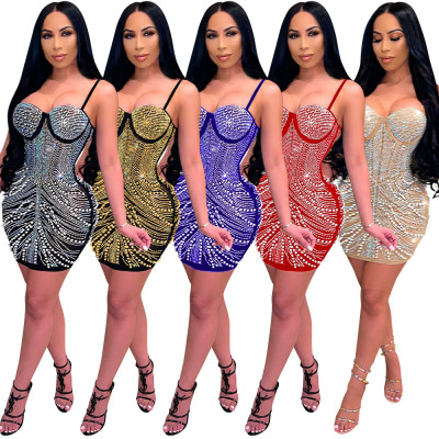 Sling sexy sleeveless bag hip A-line dress fashion nightclub style hot rhinestone bubble bead short skirt CY9149