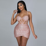 Fashion sexy strapless tube top halter sequin perspective dress CY9257