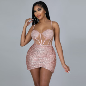 Fashion sexy strapless tube top halter sequin perspective dress CY9257