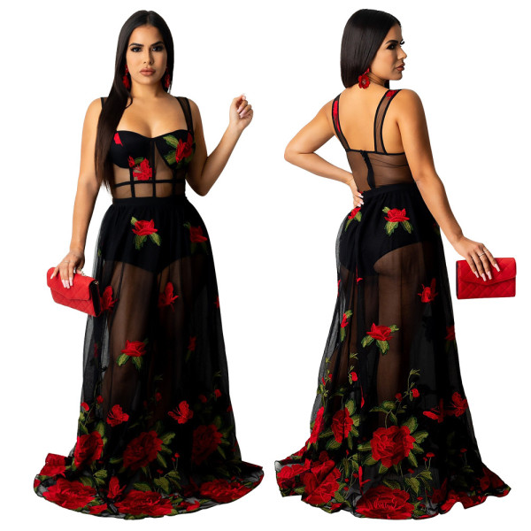 New sexy sling embroidery perspective dress for women one piece CY9264