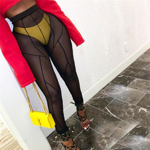 New women's sexy see-through mesh breathable high-waist hip-lifting slim sports casual pants K21P00388